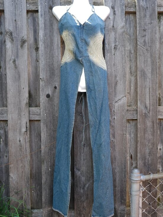 AKIRA Tops - AKIRA Jean Denim Art Top Slimming Cutout Waist Circle Detail Long Panel